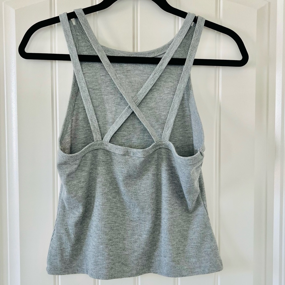 RUE 21 DOUBLE STRAP X-BACK RACERBACK GRAY RIBBED HIGH NECK ATHLEISURE TANK TOP - Picture 6 of 8
